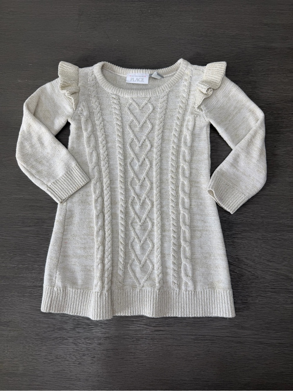 The Children's Place Cream Cable Knit Ruffle-Shoulder Sweater Dress